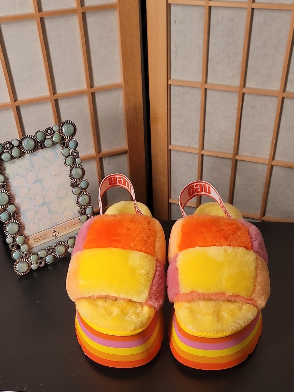 UGG FLUFF Yeah Disco Checker Slide Pride Rainbow Yellow Sandal